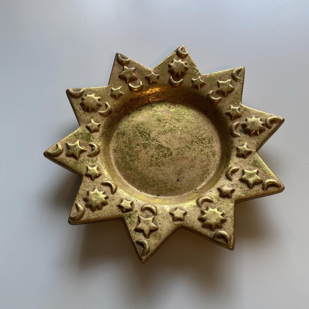 VTG Gold-Colored Celestial Themed Pillar Candle Holder Sun & Star "Whimsigoth"
